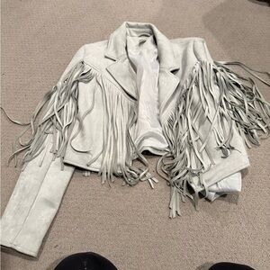 LAWLESS Women's Faux Leather Jacket with Fringe - Light Gray